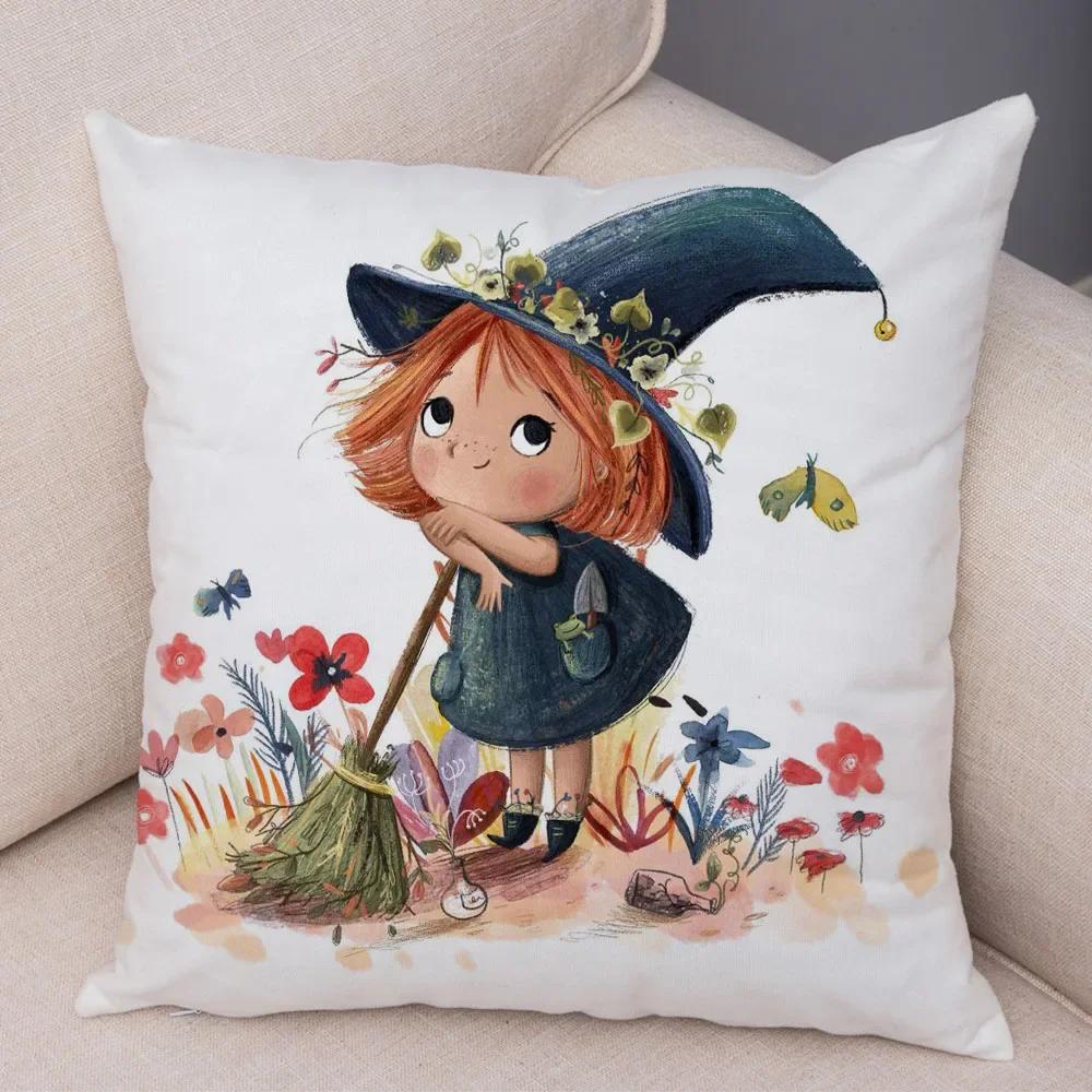 Față de pernă decorativă Artă Lume de basm colorată, Minunată față de pernă cu fetiță de desene animate, pentru canapea, casă, față de pernă super moale de pluș