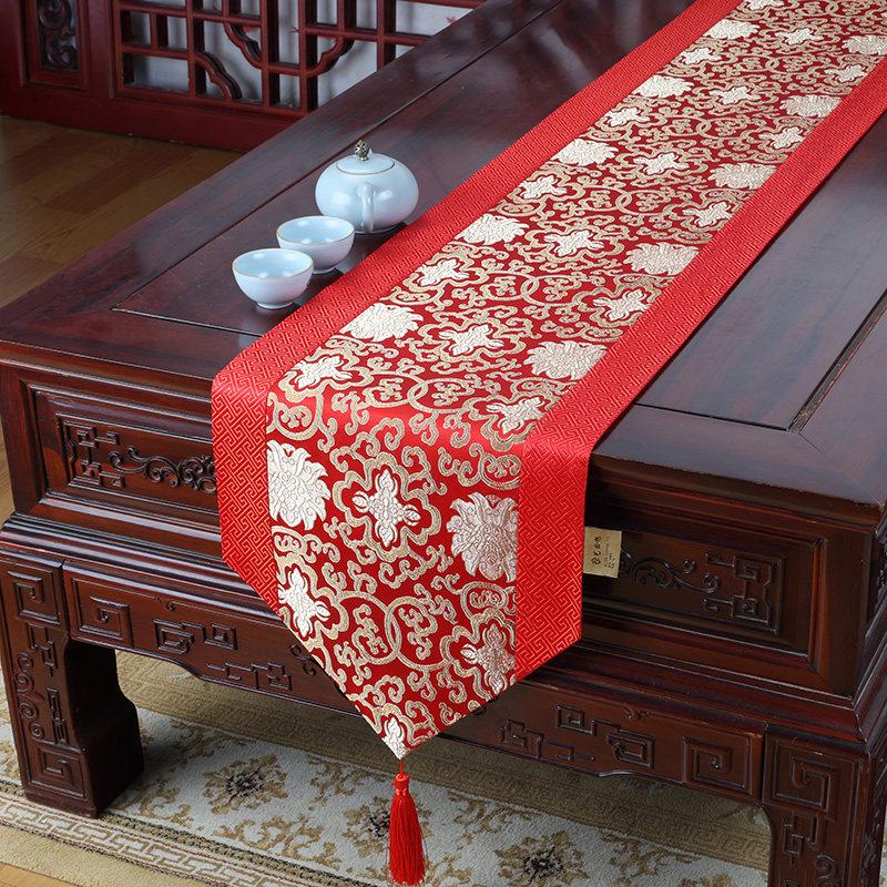 

Chinese Traditional Satin Table Runner Floral Dragon Phoenix Pattern Luxury Wedding Decor Tassel Lace Table Cover Centerpiece (as the picture,33x120cm)