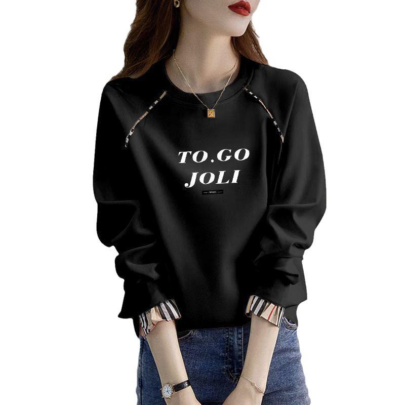 Women's Loose Fit Cotton Pullover - Korean Style, Long Sleeve, Round Neck, Fake Two-Piece, 2025 Spring/Autumn Collection