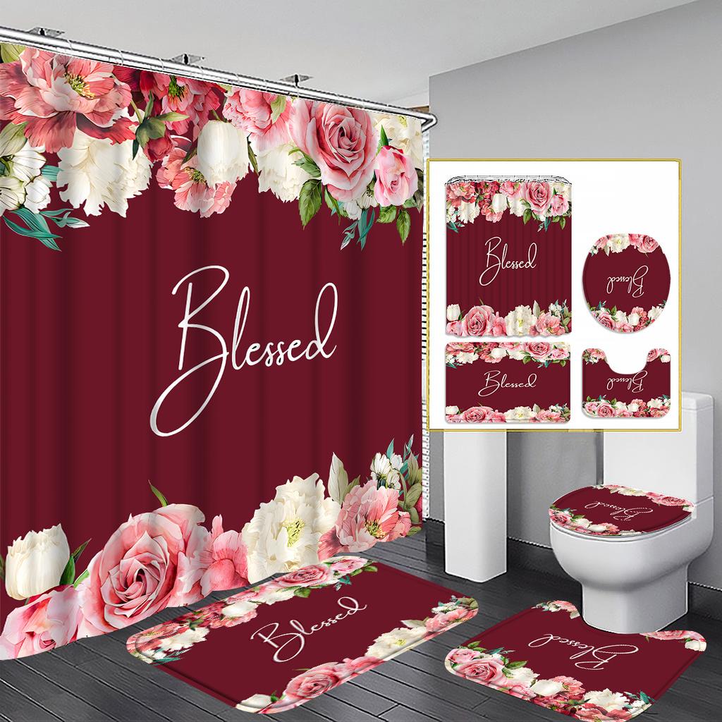 4-teiliges Badezimmer-Duschvorhang-Set Blumen Badezimmervorhang mit 12 Haken Rutschfeste Teppiche Toilettendeckelmatte Badezimmerabtrennung