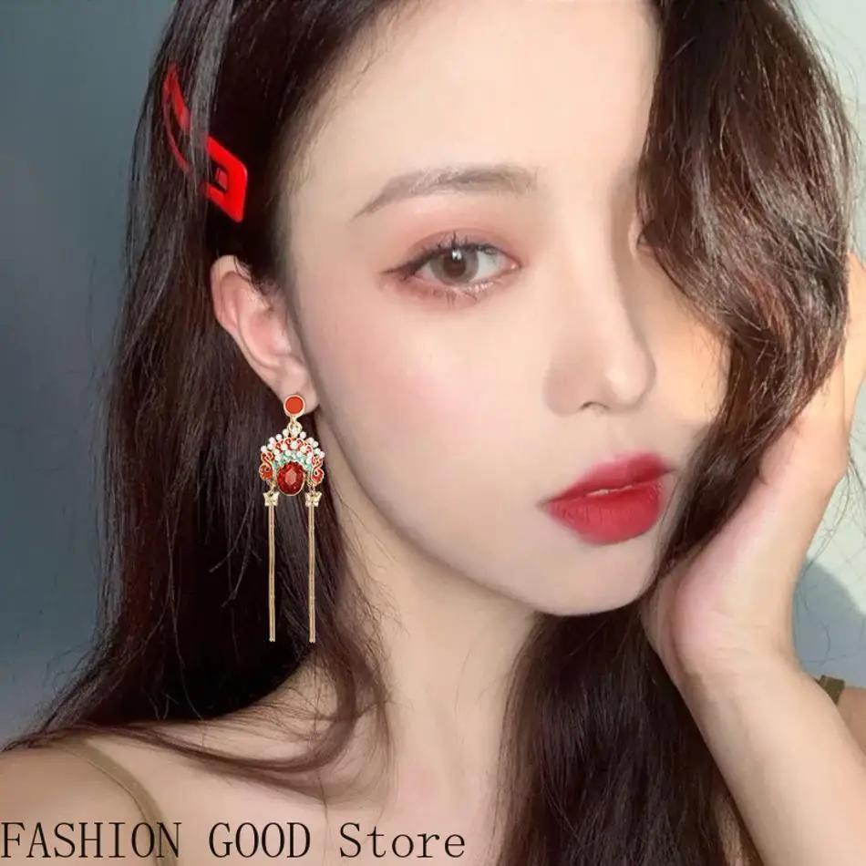 1 Pair Tassel Earrings Chinese Style Retro Long Opera Face Earrings Female Personality Internet Celebrity Temperament