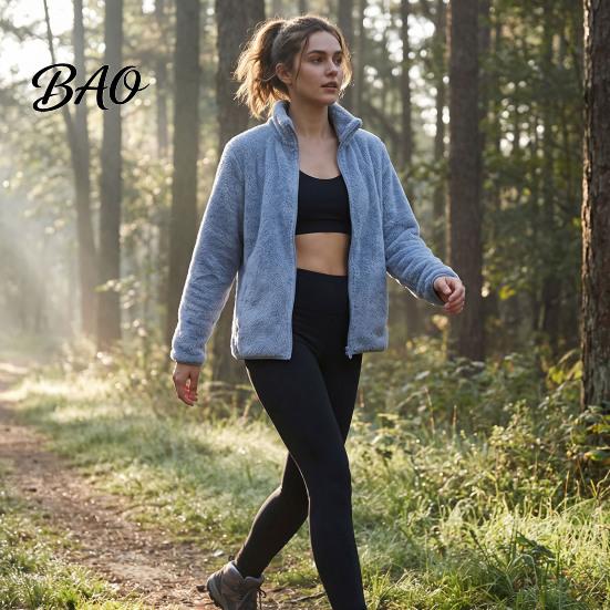 Lightweight Warm Jacket Women Zip-Up Fleece Jacket, Stand Collar Long Sleeve Loose Casual Outerwear Coat, Solid Color for Fall Winter
