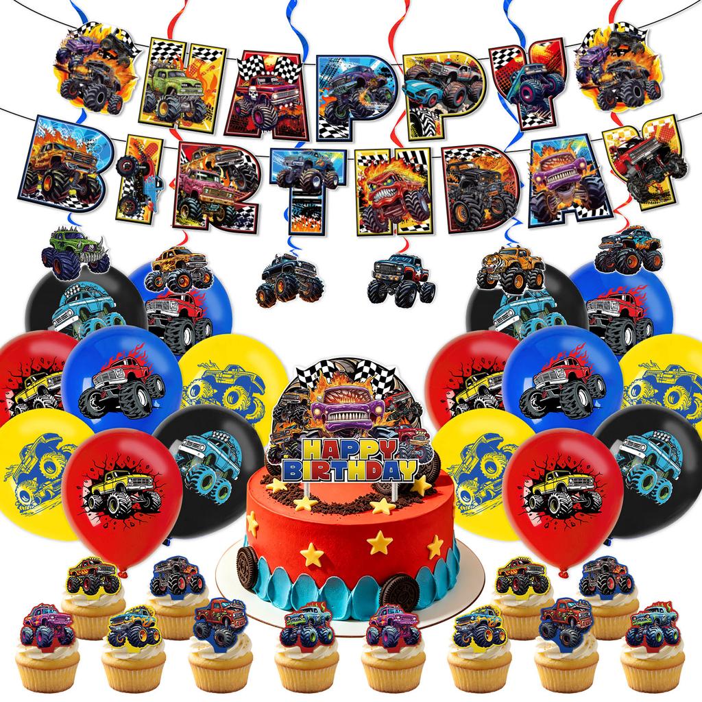 Monster Truck Birthday Party Decorations Happy Birthday Banner Cake Topper Balloon Set Cupcake Toppers Party Supplies for Kids
