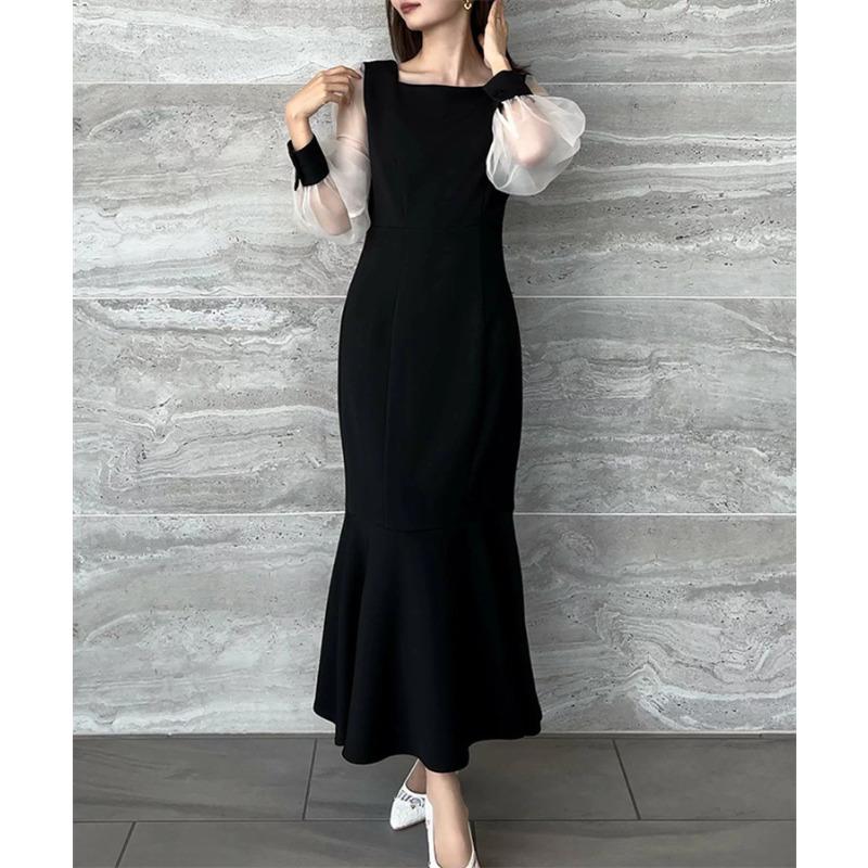 Four Seasons Long Sleeve Splicing Dress Long Dress Fishtail Dress Slim Temperament