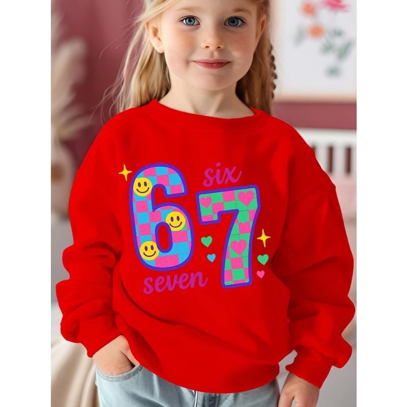 Unisex Kids Crewneck Sweatshirt For Over 4 Years Old Boys Girls Retro Checker Smile Heart Number 67 SIX SEVEN Birthday Graphic Soft For 4-12 Children