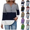 Women's Fashion Casual V Neck Long Sleeve Stripe Print Button T-Shirt Top