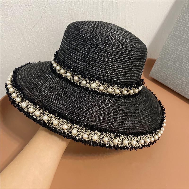 Bonnet Black Lace Lampshade Straw Hat Fashion Tassel Pearl Big Rim Fisherman Hatstandard Mesh Big Eave Straw Hat Tide