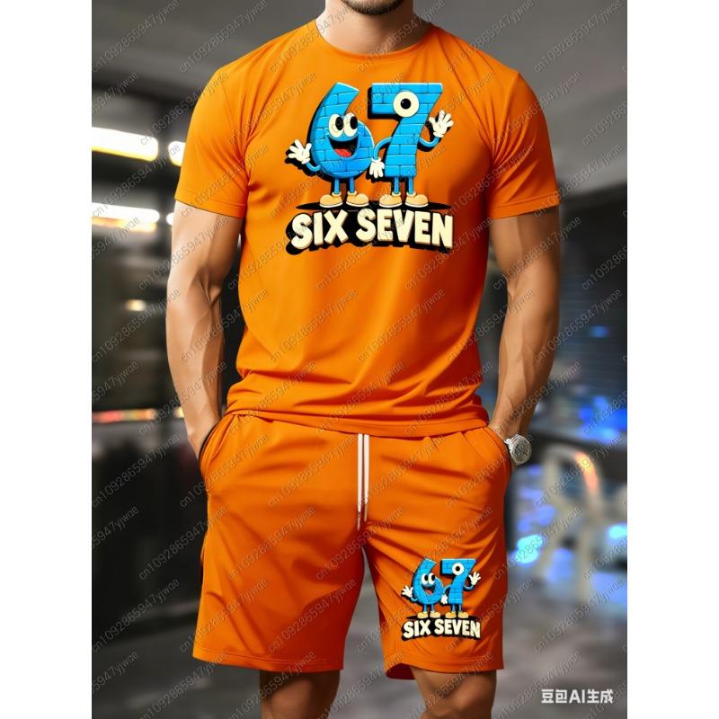 2026 Summer Men 2pcs Set Mens Six Seven 67 Pattern No Denim T-Shirt Shorts Set Adult Men Jogging Plus Size Tracksuit 2 Piece Set
