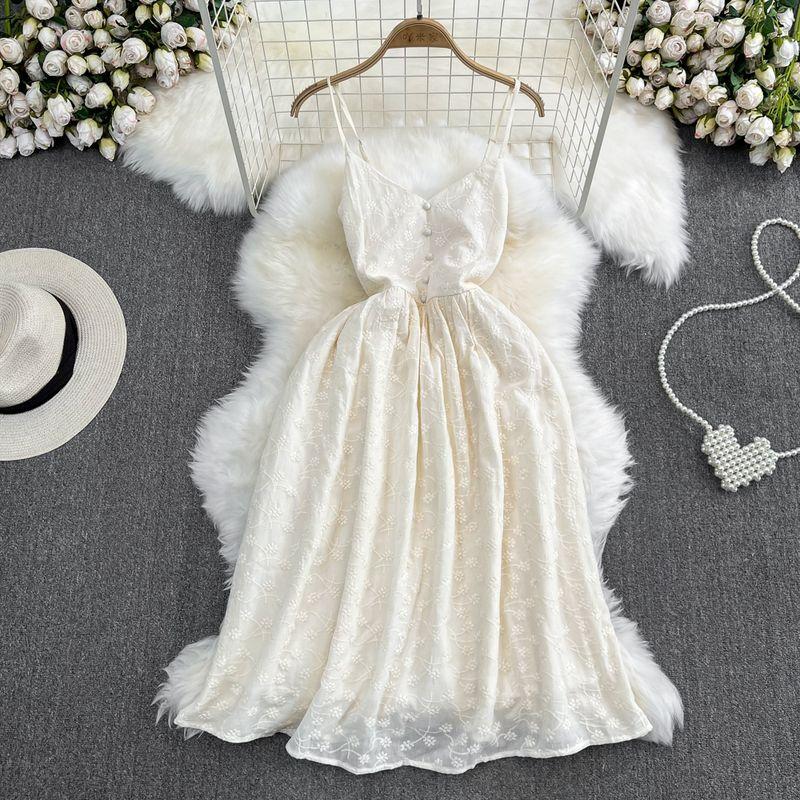 

Retro V-neck A- line Embroidered Seaside Holiday Beach Dress Apricot All yards