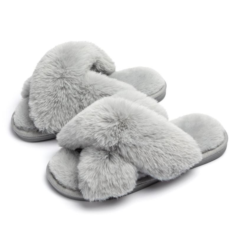 Winter Plush Cross-strapped Cotton Slippers Non-slip Indoor Soft Bottom Warm Fluffy Household Slippers Women