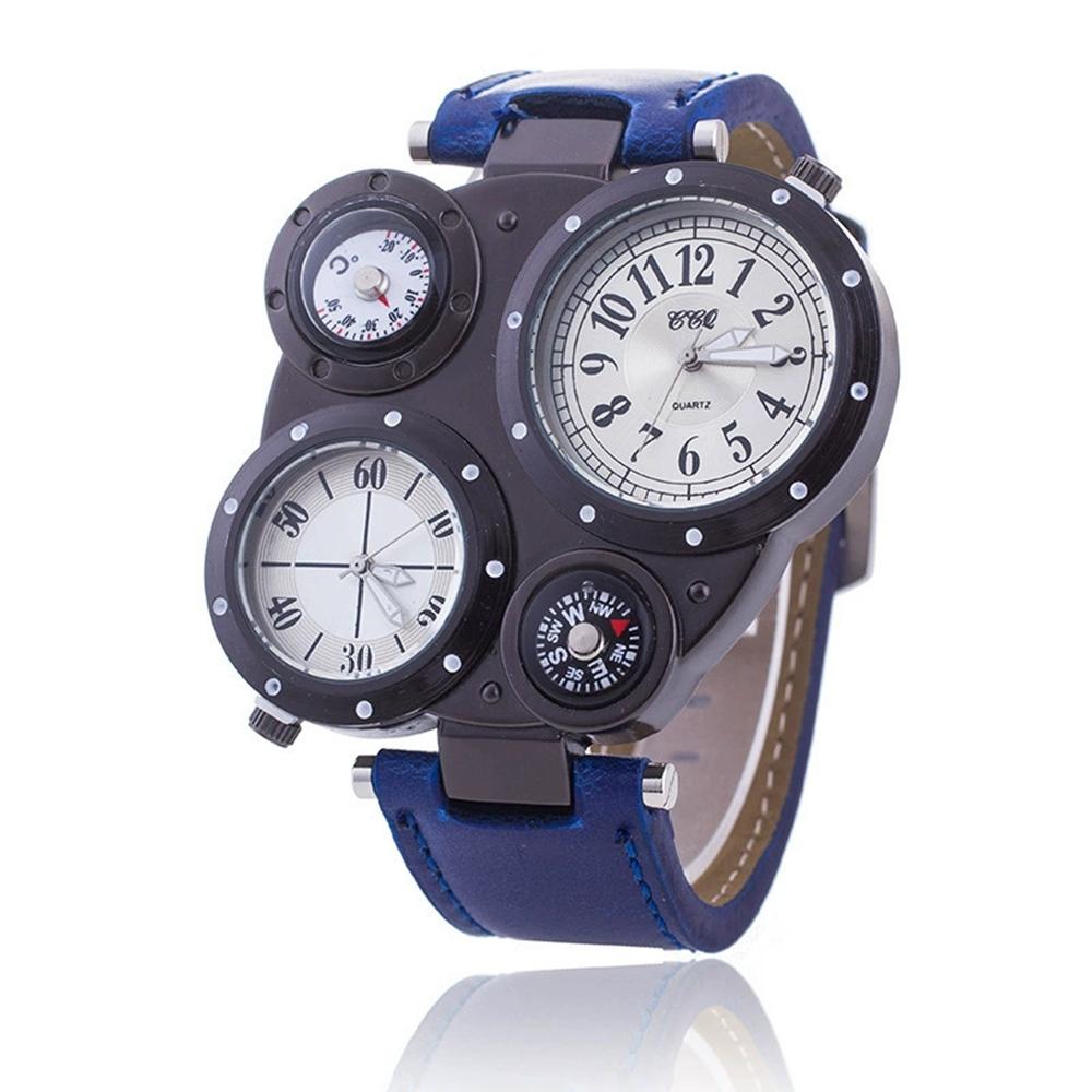 Trendy Fashion Men Leather Watch Vintage Double Dial Large Men Quartz Wristwatch Business Banquet Decoration Watches Learn Clock