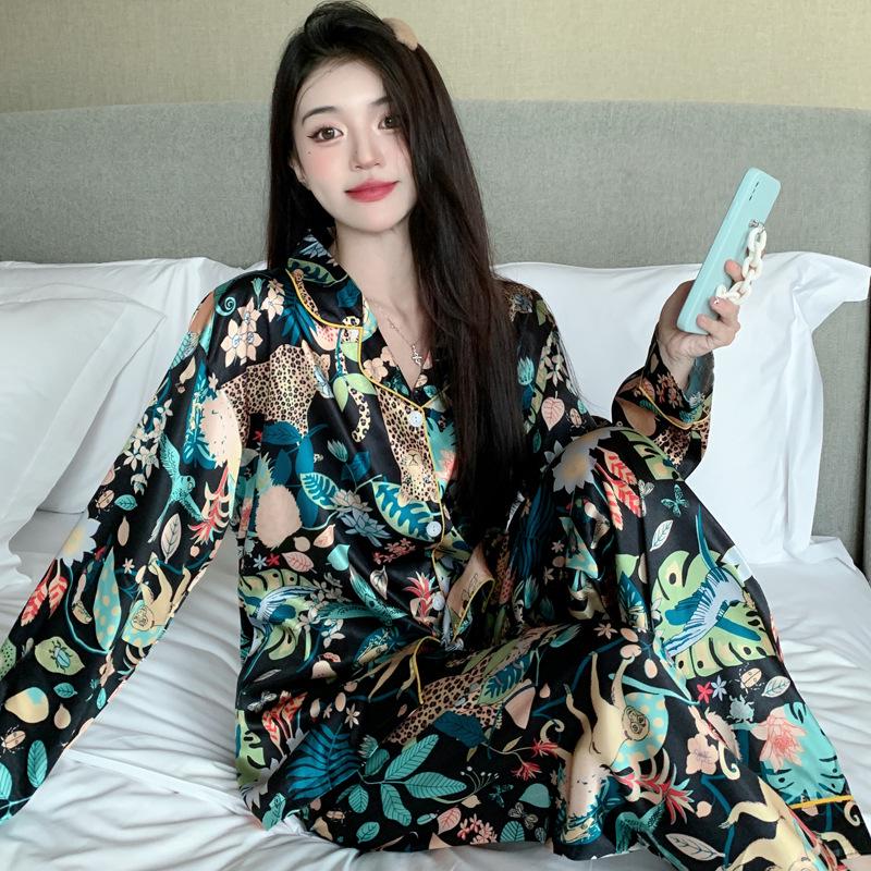 Women's Ice Silk Pajama Set: Long Sleeve Cardigan & Pants