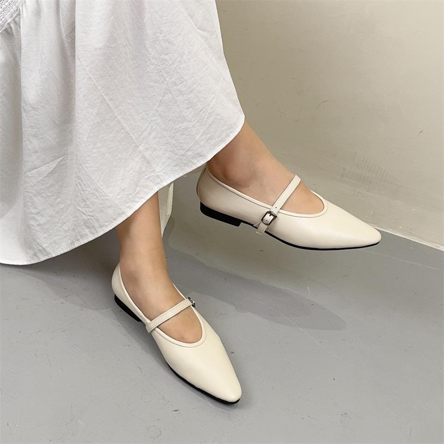 Johnature Oryginalne skórzane płytkie, spiczaste, płaskie buty retro, uniwersalne, miękkie, ze skóry bydlęcej, damskie