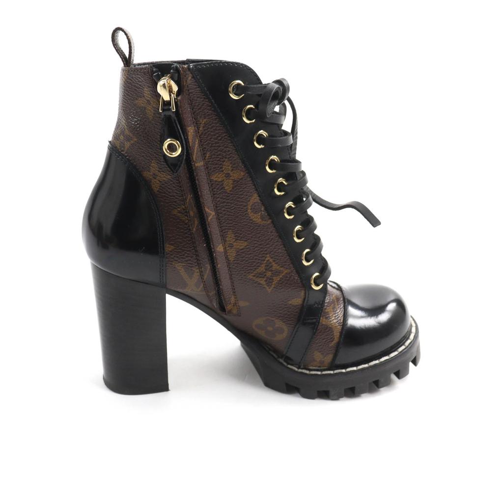 Excellent LOUIS VUITTON Ankle boots Lace Up Brown black Monogram canvas Women 35 Used