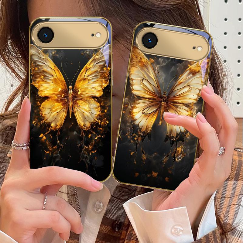 Flame Warm Butterfly For IPhone 17Pro Max 16 17 Pro 15 Pro 14 13 Plus 12 Mini 11Pro Max XR 16E 17Air Golden glass phone case