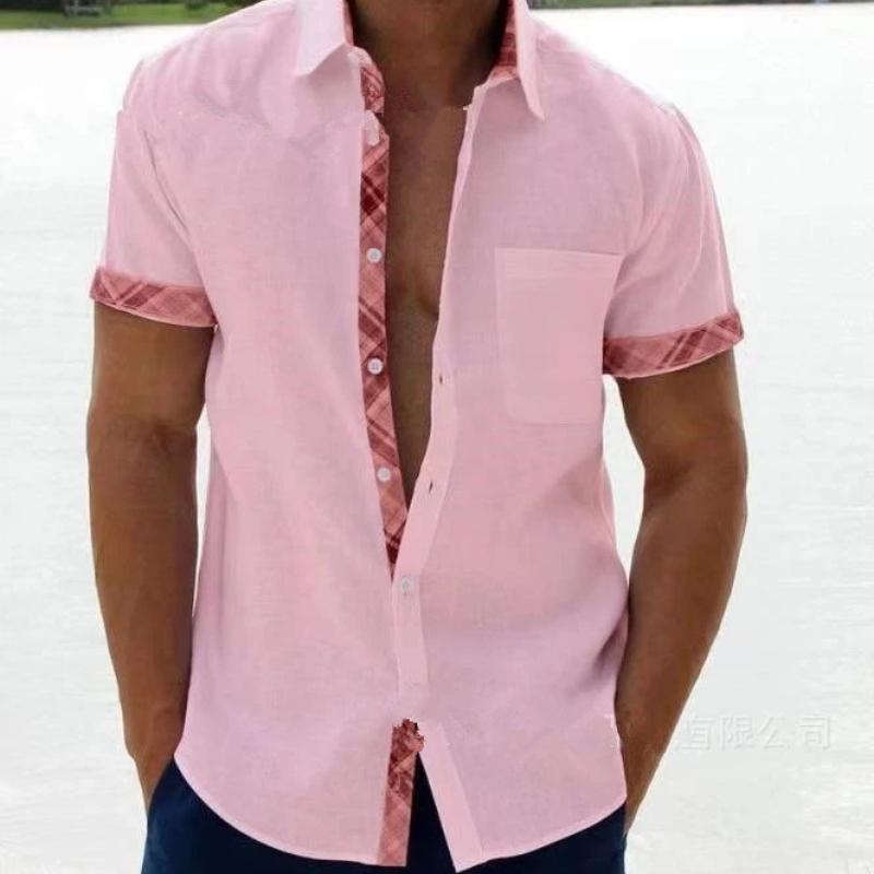 Летняя Новинка Мужская Рубашка с Лацканами и Коротким Рукавом Повседневная Классическая Универсальная Ежедневная Модная Одежда S розовый