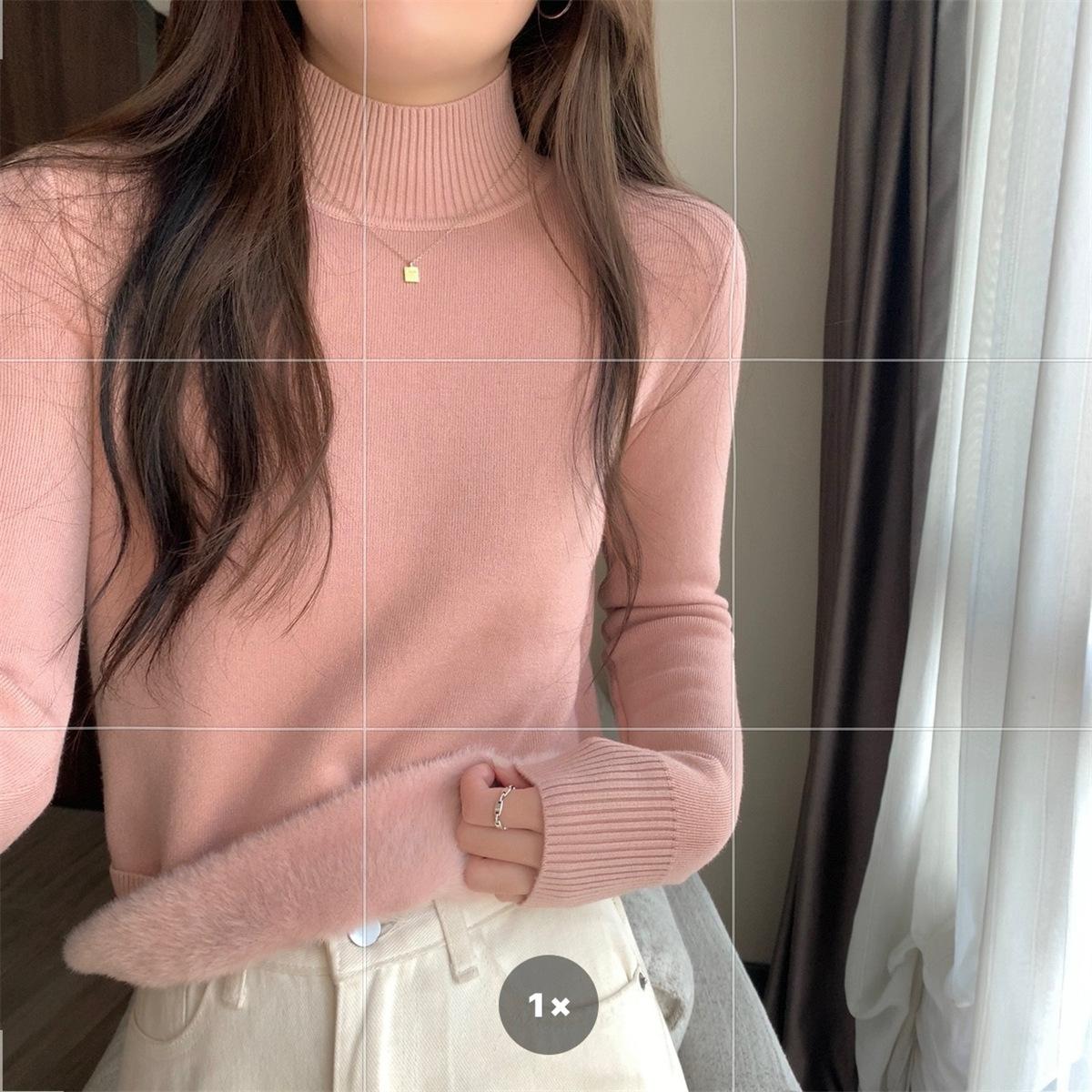 

Autumn and winter semi-turtleneck velvet thickened top women s warm inner round neck long-sleeved shirt women s base versatile sweater average size [recommended 80-60kg] рожевий