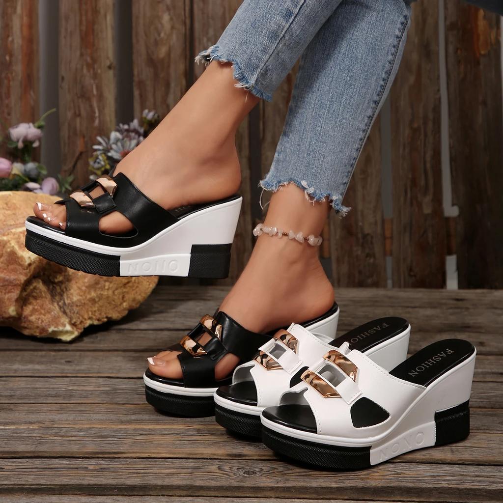 Fashion Women Summer Fashion Sandals Open Toe Wedge Hollow Metal Trend Decorative Versatile Sandals Thick Platform No Slip Shoes Women