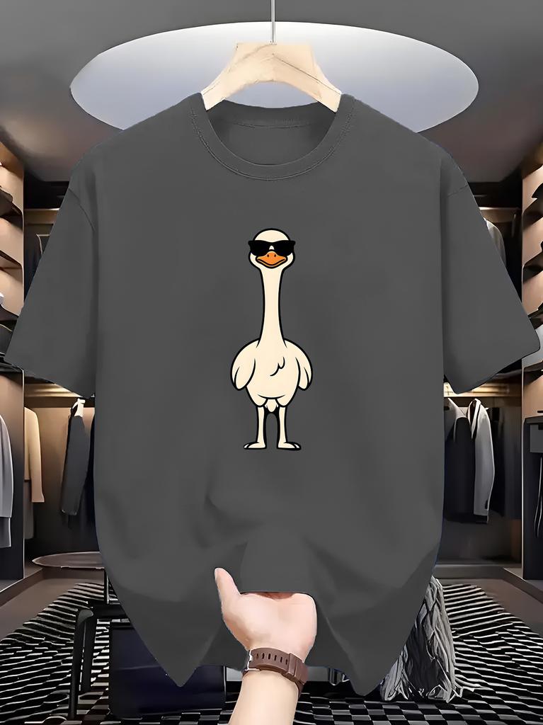 Unisex Navy Blue Crew Neck Tee Trendy Cartoon Cool Ostrich With Black Shades Simple Cute Bird Graphic Soft Cotton Casual Male Tops