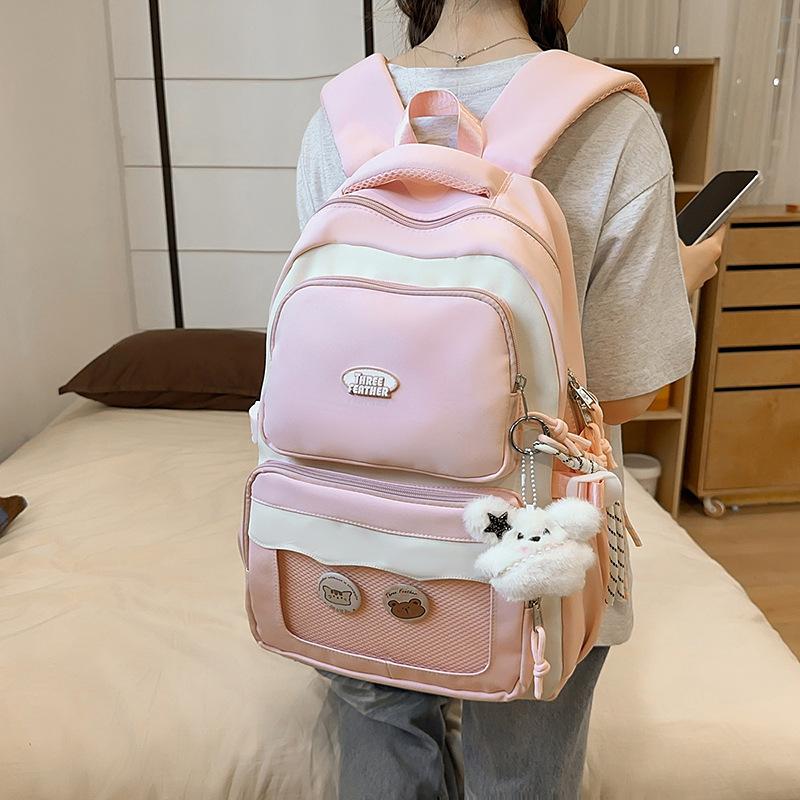 College style contrasting colors transparent badge student schoolbag large capacity junior high school student backpack розовый