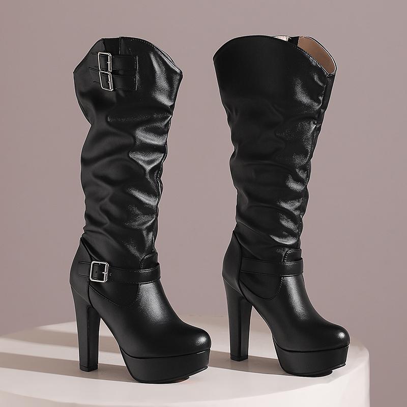 Dames høye hæler støvletter høst og vinter nye sexy temperament tykk hæl firkantet tupp stor størrelse medium støvletter