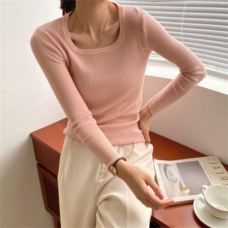 Autumn and winter new simple and versatile knitted bottoming shirt women's soft waxy temperament slim-fitting round neck pullover sweater inner