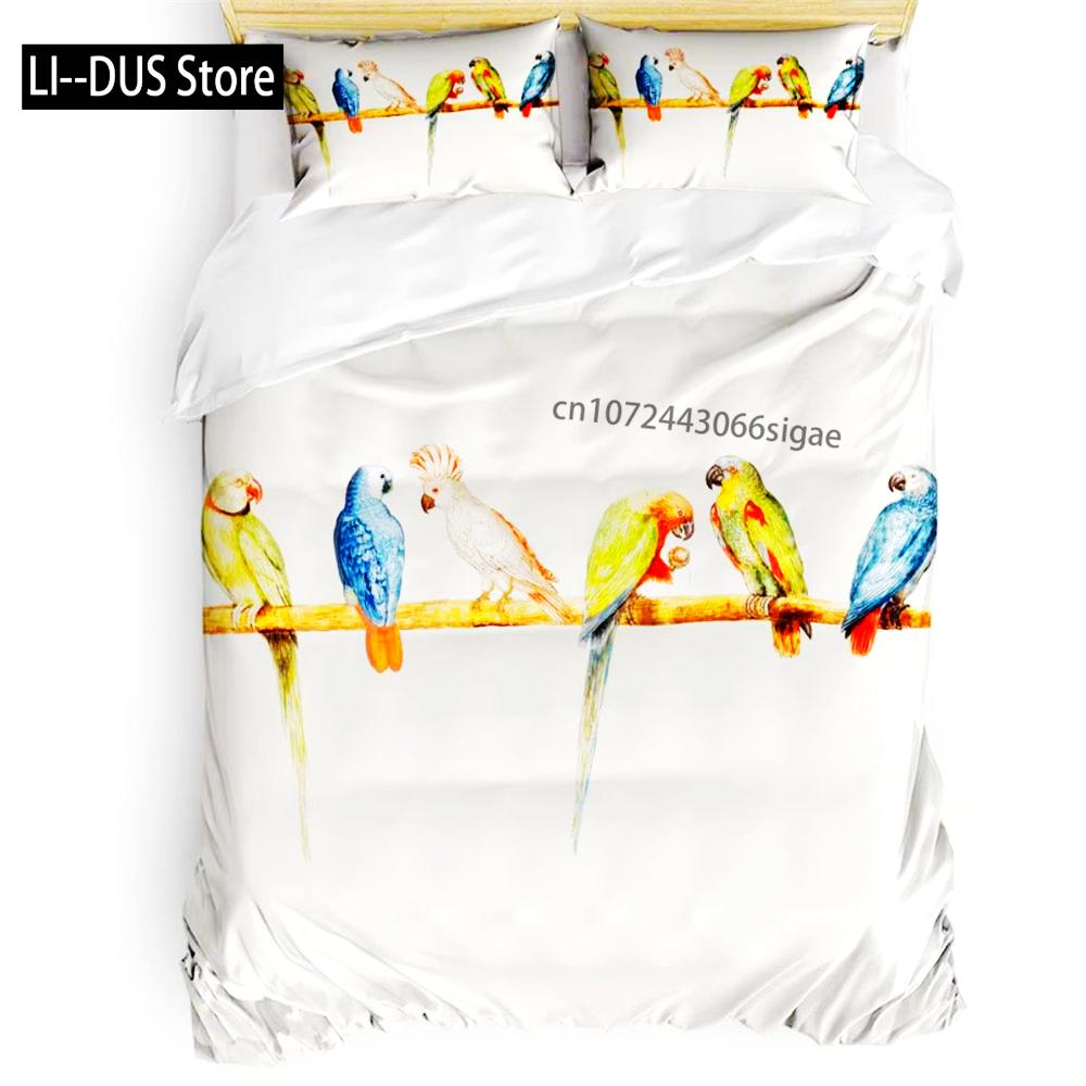 Comforter Parrot King Queen Bedding Set Cute Birds Colourful Feather Tropical Flowers Comforter Polyester
