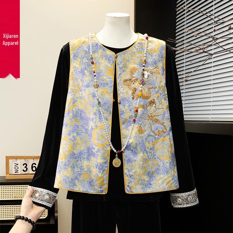Mom's 2026 Chinese Style Spring/Autumn Three-Piece Suit: Stylish Vest and Top for Middle-Aged and Elderly Women