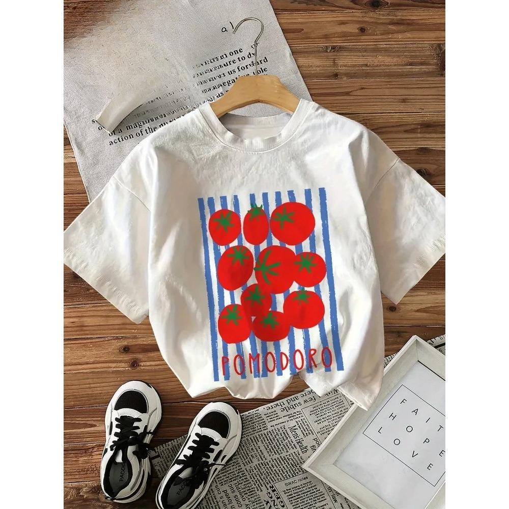Bequemes und frisches Wind-T-Shirt mit Streifen und Tomaten-Print, Unisex, kurzärmelig, lässig, Rundhalsausschnitt