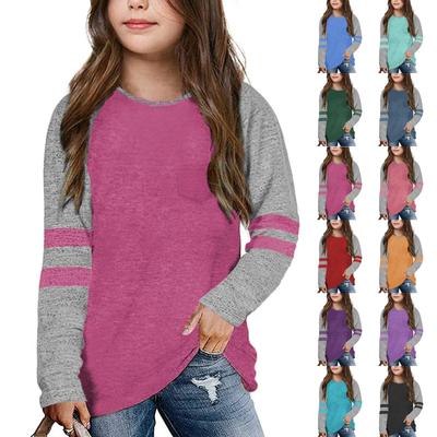 Girls Shirts For 4-15 Years Long Sleeve Raglan Crewneck Tops With Pocket