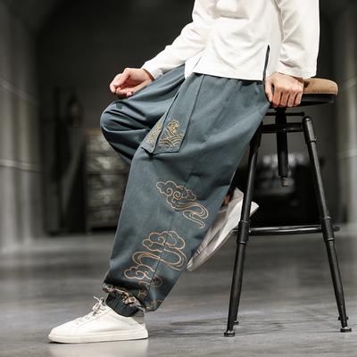 Chinese Style Retro Auspicious Clouds Print Pants Men Clothing Spring Autumn Clothes Loose Casual Pants Plus Size Harem Pants