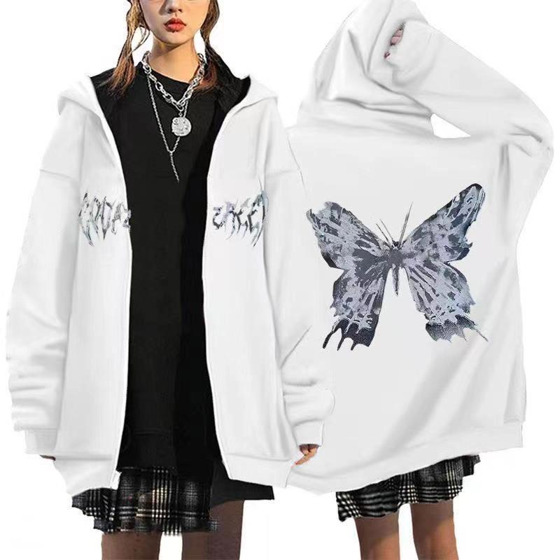 New European and American Dark Butterfly Skull Print Zipper Hoodie Fall and Winter Casual Fashion Sweatshirt