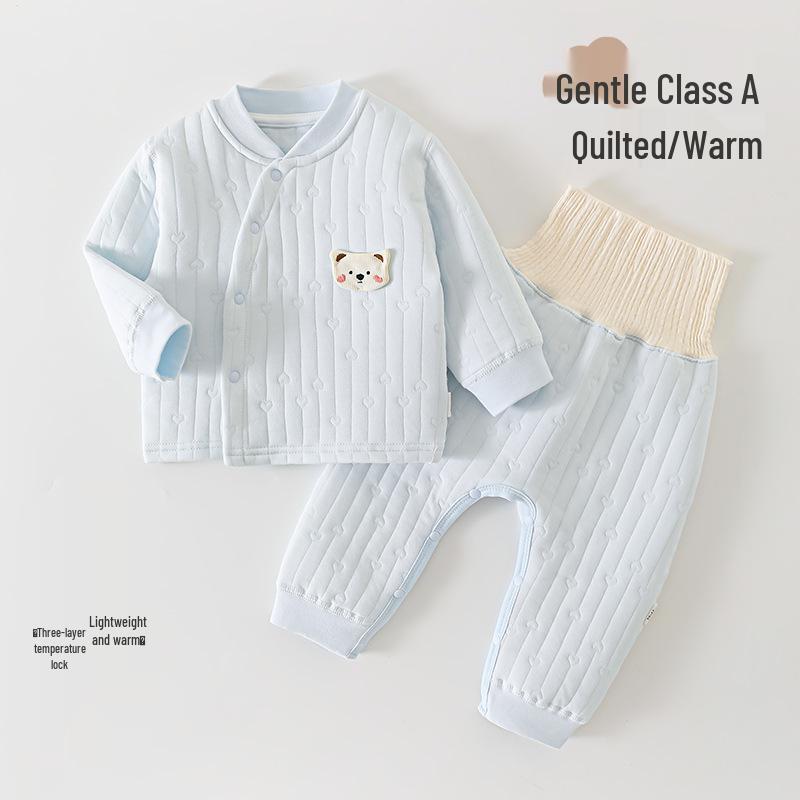 Newborn Quilted Three-Layer Pajama Set: High-Waist, Partial Opening Belly Protection Top & Pants for Autumn