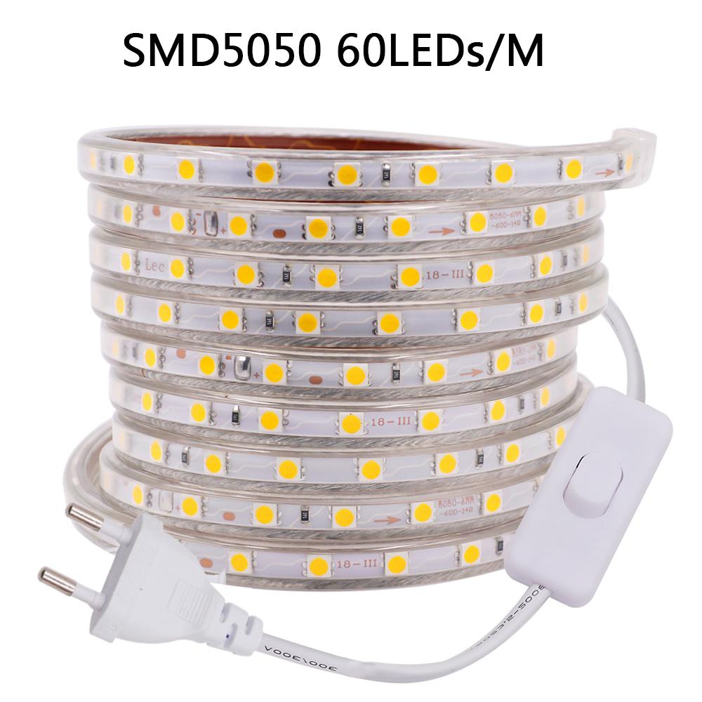 Waterproof 220V LED Strip Light with Switch Plug SMD5730 2835 5050 Super Bright Led Tape 276/240Leds/m Flexible Outdoor Lighting