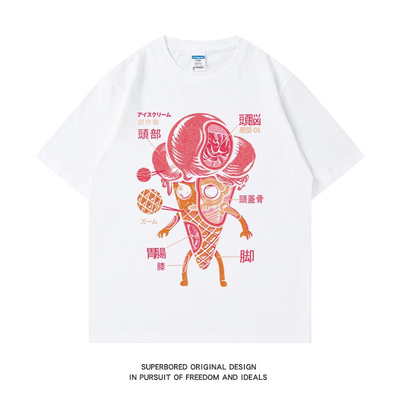 

220GSM Тяжелая футболка из 100% хлопка Футболка с принтом мороженого Кайдзю Мужская повседневная футболка с круглым вырезом Базовые мужские топы Футболка