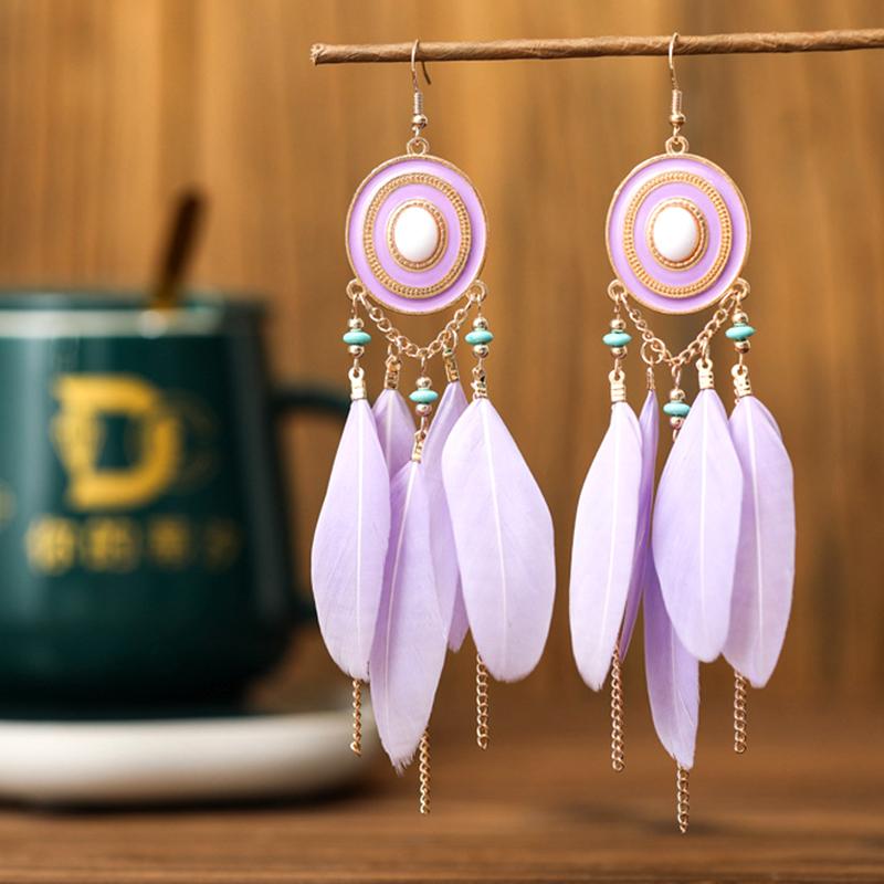 

Bohemian Colorful Natural Feather Earrings for Women Vacation Style Long Oval Drop Glaze Dangle Earrings Female Jewelry светло-фиолетовый