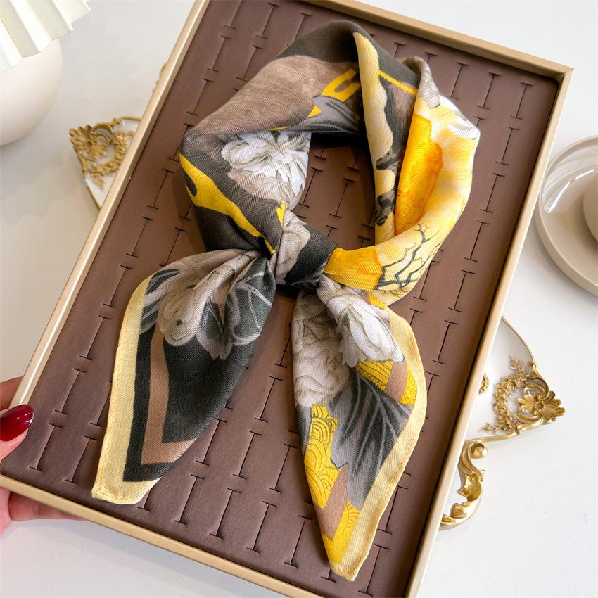 National Style Peony Small Square Scarf New Silk Scarf Shanhe Map Herringbone Pattern Headscarf Imitation Velvet Shawl Scarf Women