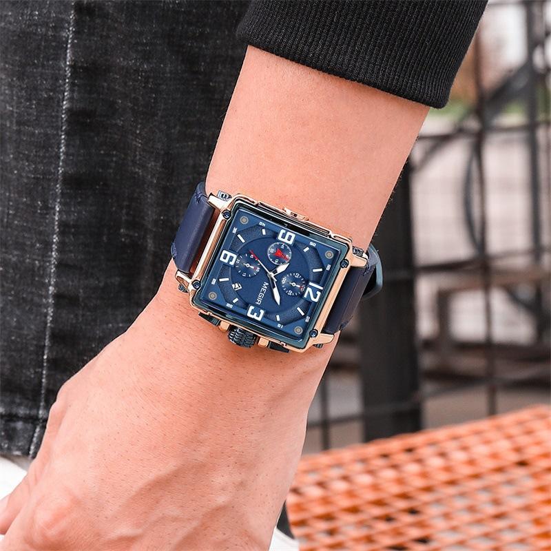 Fashionable Light Retro Men's Watch Square Multifunctional Chronograph Calendar Genuine Leather Watch