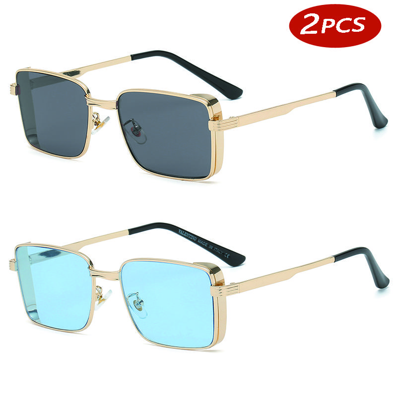2pcs Fashion Square Steampunk Sunglasses Luxury Brand Designer Men Women Retro Rectangle Punk Metal Frame Sun Glasses UV400