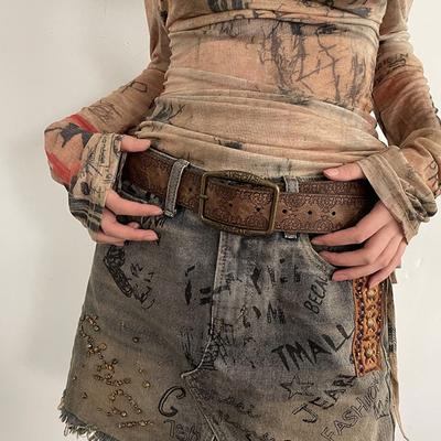 Bronze Printed Brown Retro Old Printed Literary and Artistic Style Decadent Belt, High-end Ethnic Style Belt