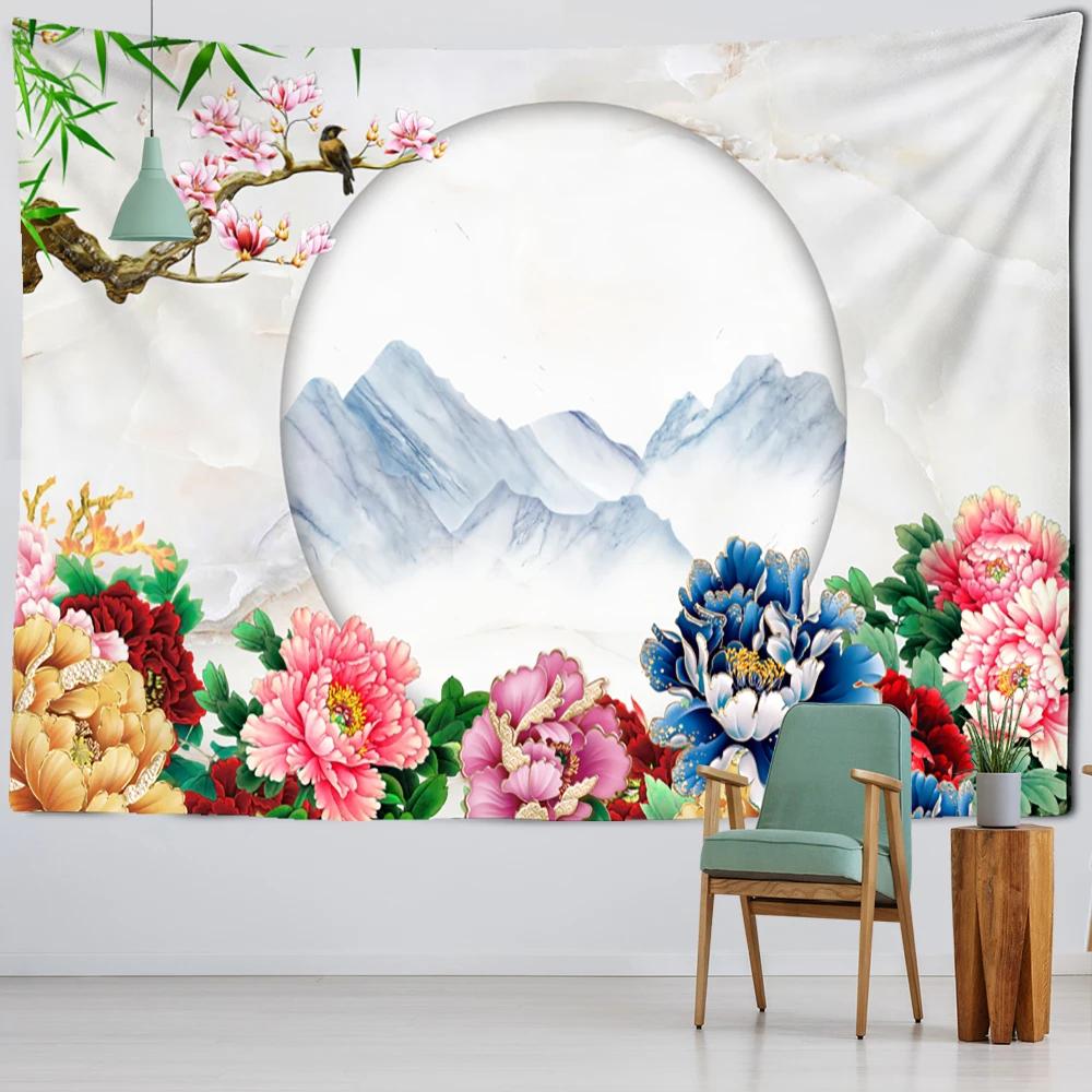 Artistic Conception Flower And Bird Painting Mural Tapestry Bohemian Psychedelic Wall Hanging Bedroom Living Room Home Decor