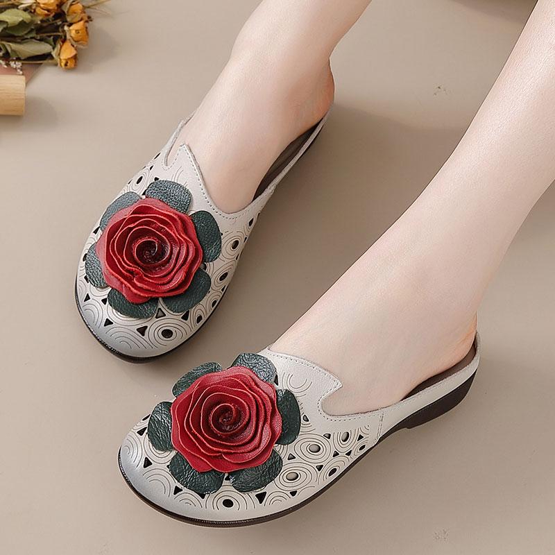 Fashion 2025 Big flower cow leather sandals womens summer cut out mules low heels woman retro luxury slipper sandals lady slip on shoes
