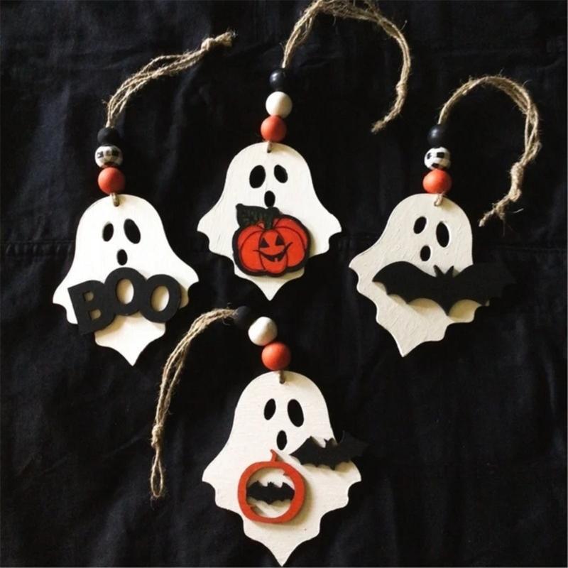 4PCS Spookys Ghostly Wood Crafts Halloweens Room Decoration Hanging Art For Festives DIY Family Activity And Seasonal Displays