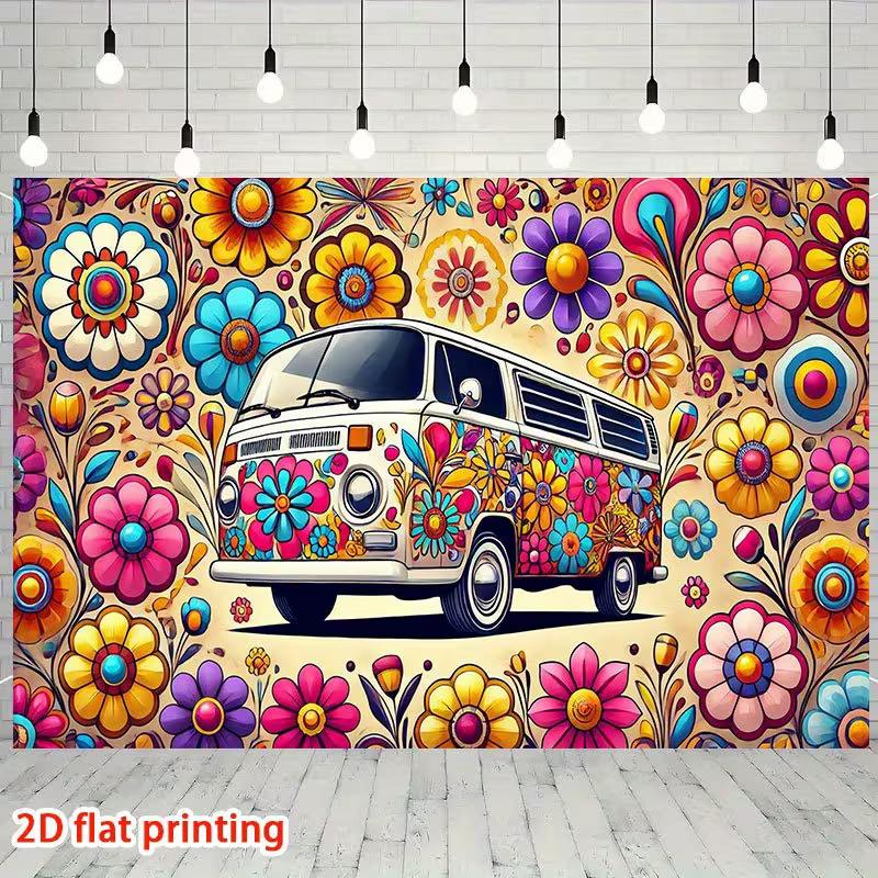 2D Groovy Hippie-Bus Kulisse Retro Blumenmuster Studio Fotografie Hintergrund