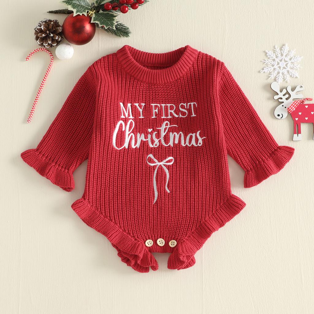 Citgeett Winter Christmas Infant Baby Girl Bodysuit Sweater Letter Embroidery Crew Neck Jumpsuit Fall Xmas Clothes