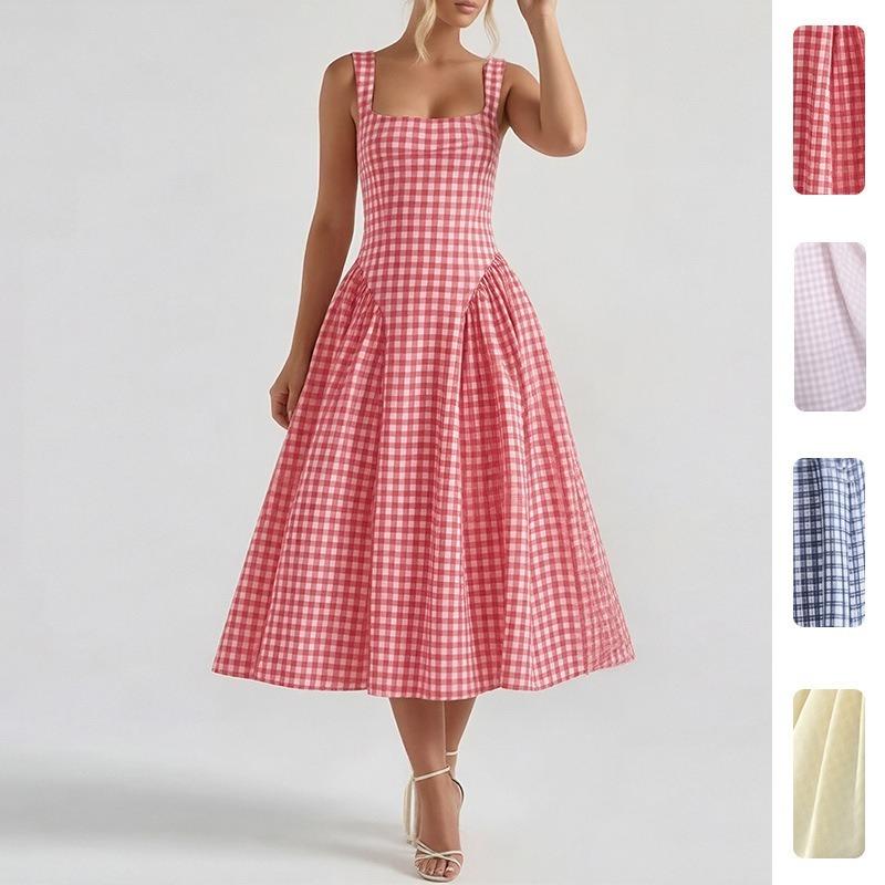 Plaid Printed Spaghetti Strap Sexy A Line Dress Women Elegant Summer Dress Backless Party Midi Dress Vestidos
