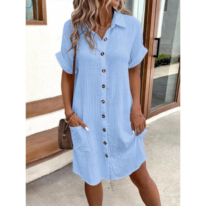 Casual Solid Color Single-breasted Mid-length Short Sleeve Loose Casual Dress Women's Wear