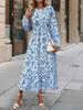 Women Summer Casual Floral Print Long Sleeve O-Neck A-Line Dress High Waist Elastic Loose Ankle-Length Spring Dresses