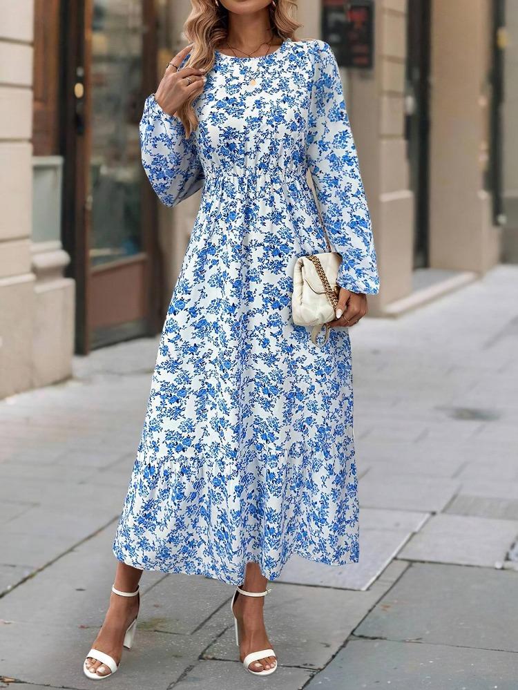 Women Summer Casual Floral Print Long Sleeve O-Neck A-Line Dress High Waist Elastic Loose Ankle-Length Spring Dresses
