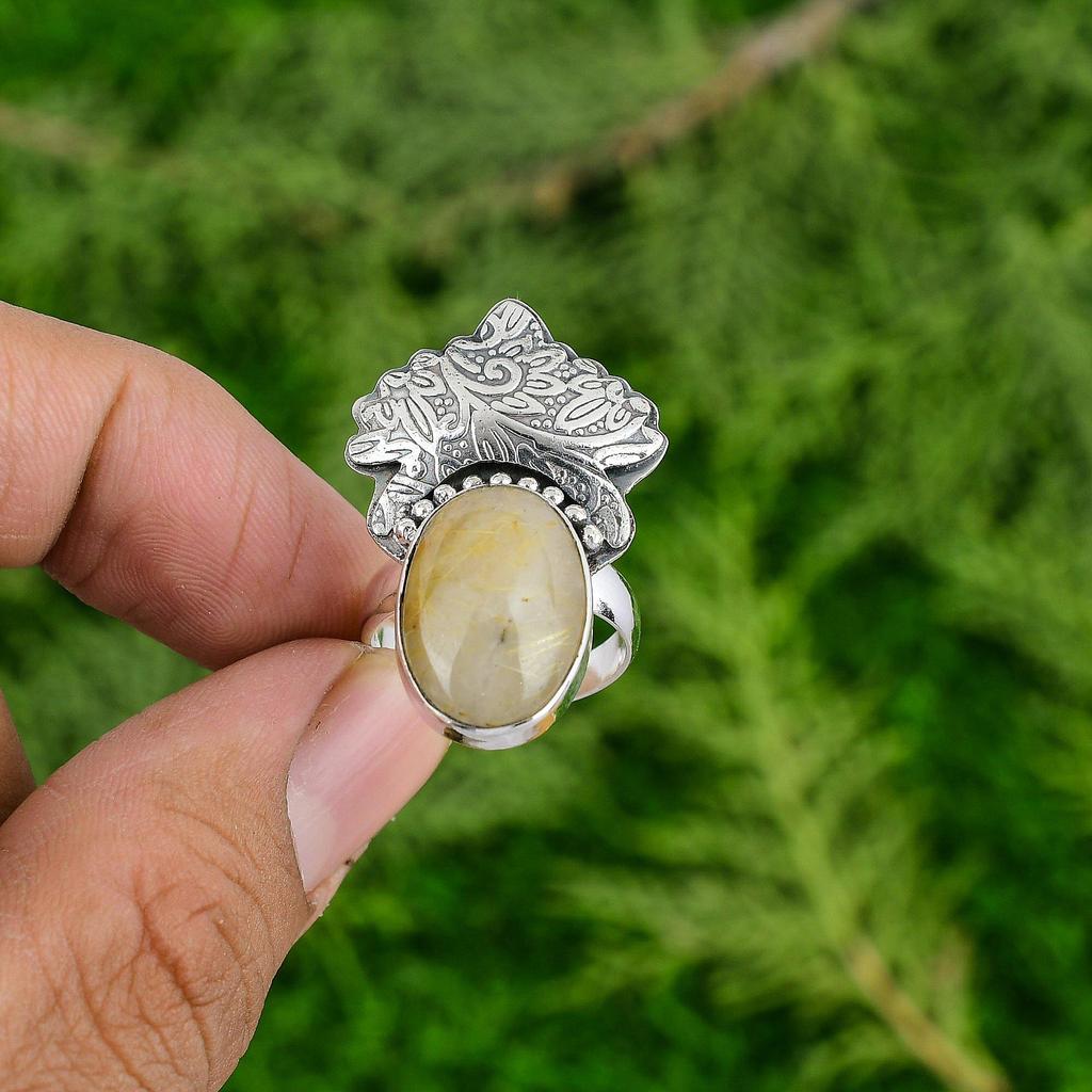 Sterling Silver Oval Natural Golden Rutile Stackable Wedding Sister Ring Jewelry